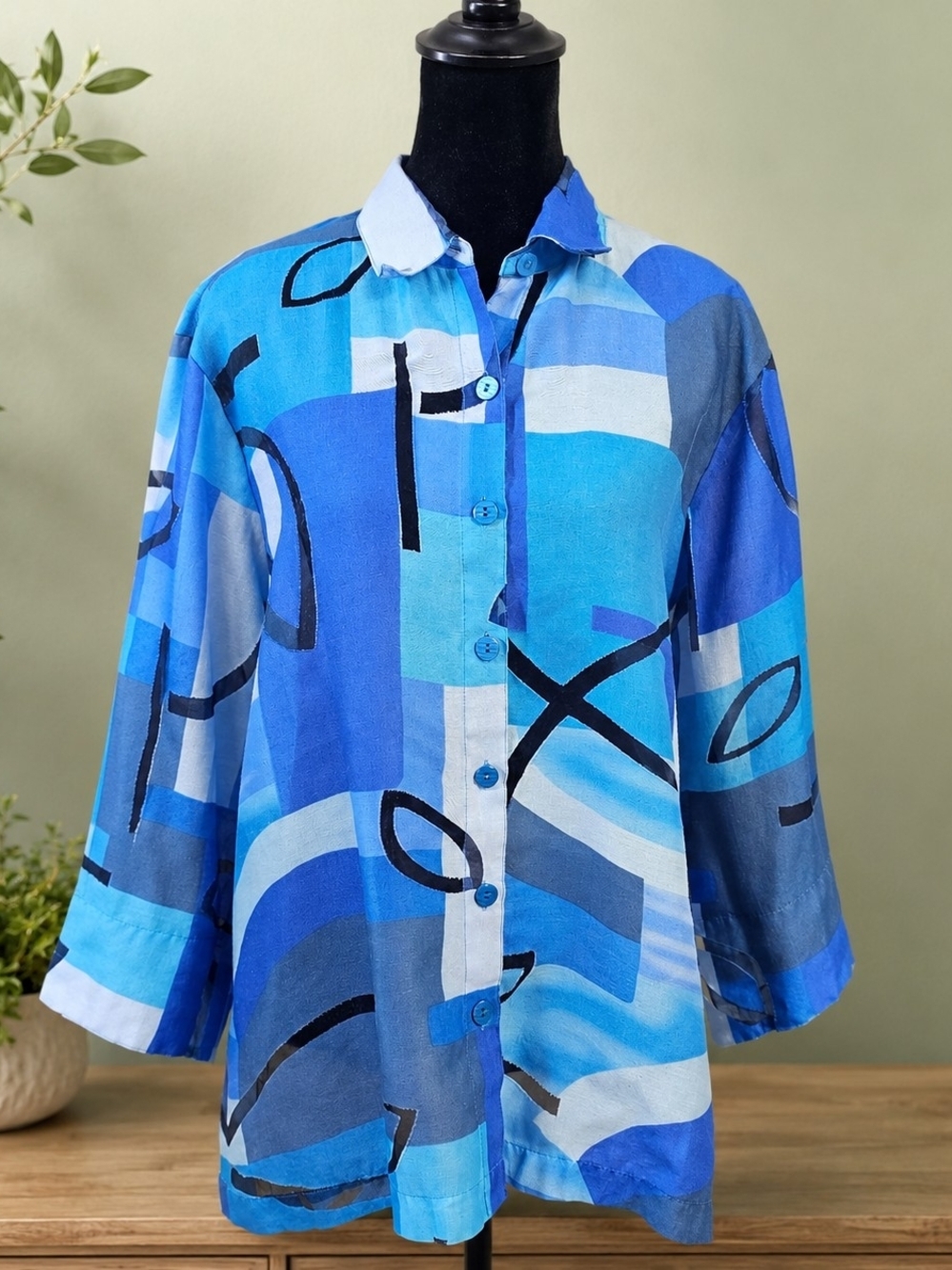 Vintage Bamboo Traders 1X Sheer Rayon Button Up Blouse Blue Abstract Art Top